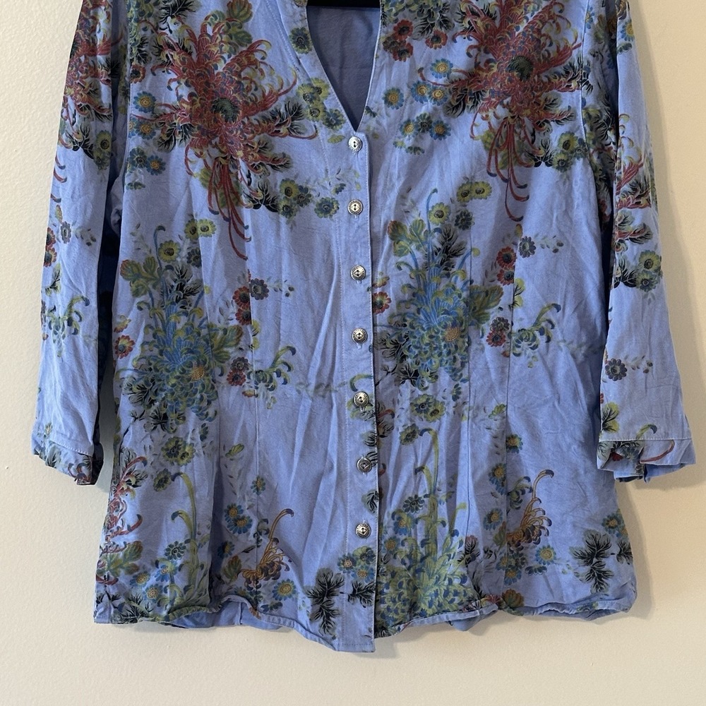 Tianello Blue Floral 3/4 Sleeve Mandarin Collar Button Princess Cut Womens Large - Picture 3 of 16